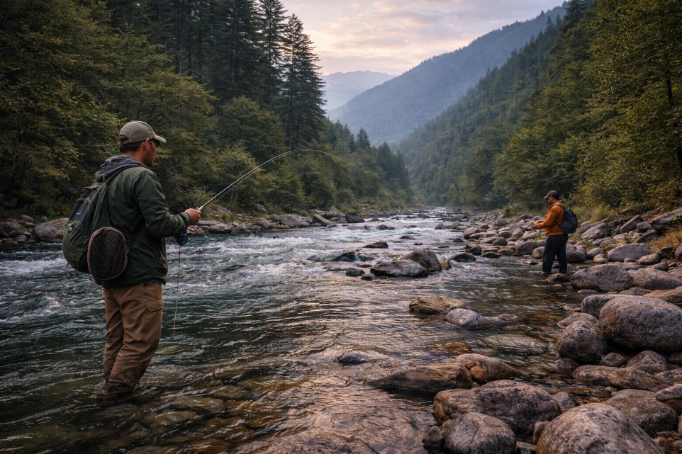 River fishing experience in Tirthan Valley near the homestay